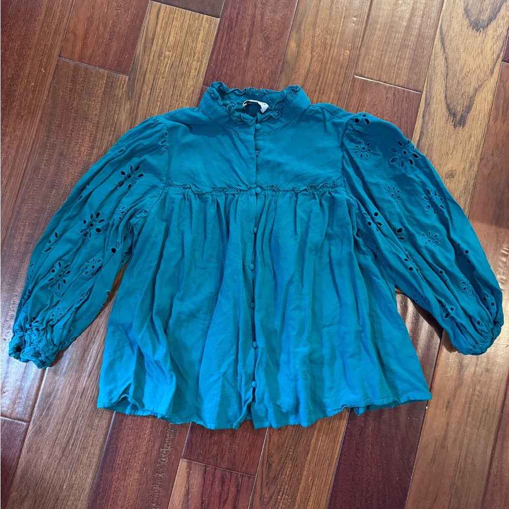 CROSBY by Mollie Burch Teal Blouse with Eyelet Detail